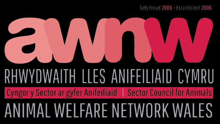 Logo of Animal Welfare Network Wales showing AWNW is red on black background